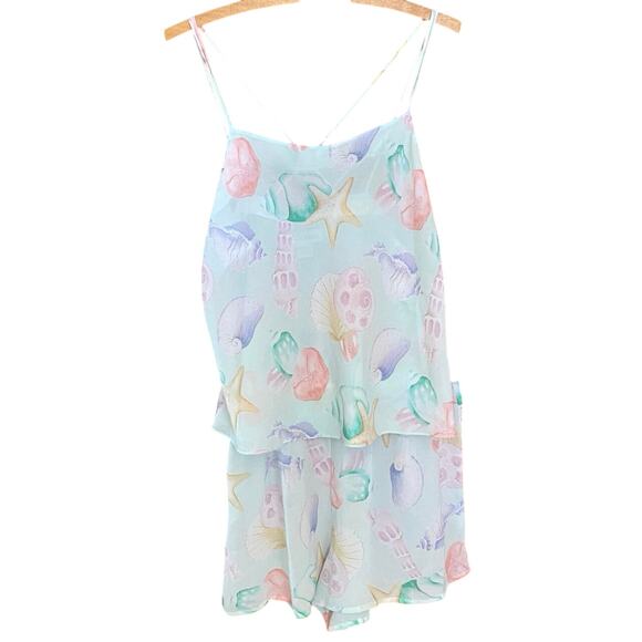 Vintage 80s 90s Seashell Print Sheer Cami & Shorts Mermaidcore Loungewear large - Picture 1 of 8